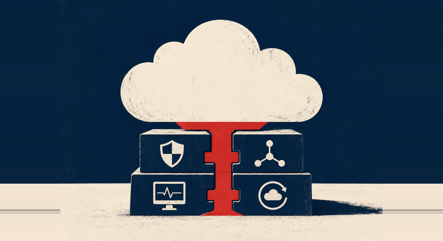 Eine Wolke, verbunden über einen roten Stamm mit vier Bausteinen: Sicherheit (Schild mit Häkchen), Vernetzung (Knotenpunkte), Monitoring (Pulskurve) und Wiederherstellung (Kreispfeil mit Wolke).
