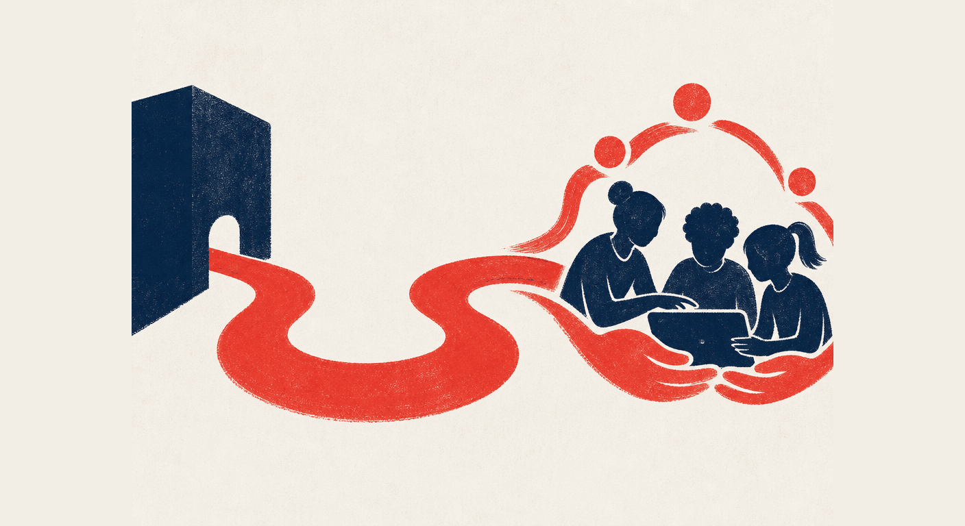 Eine Tür öffnet sich zu einem geschwungenen roten Pfad, der zu drei Kindern führt, die gemeinsam an einem Laptop arbeiten; ein roter Bogen aus Punkten und stützende Hände umgeben die Gruppe.