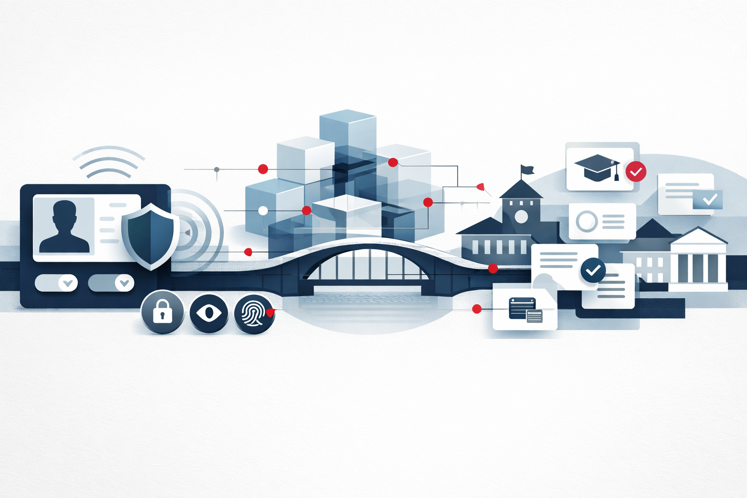 Abstrakte Infografik zu bund.id und Bildung: eine digitale Identitäts- und Wallet-Infrastruktur verbindet öffentliche Verwaltungsdienste mit Bildungsinstitutionen, Datenschutz, Nachweisen und interoperablen Schnittstellen.