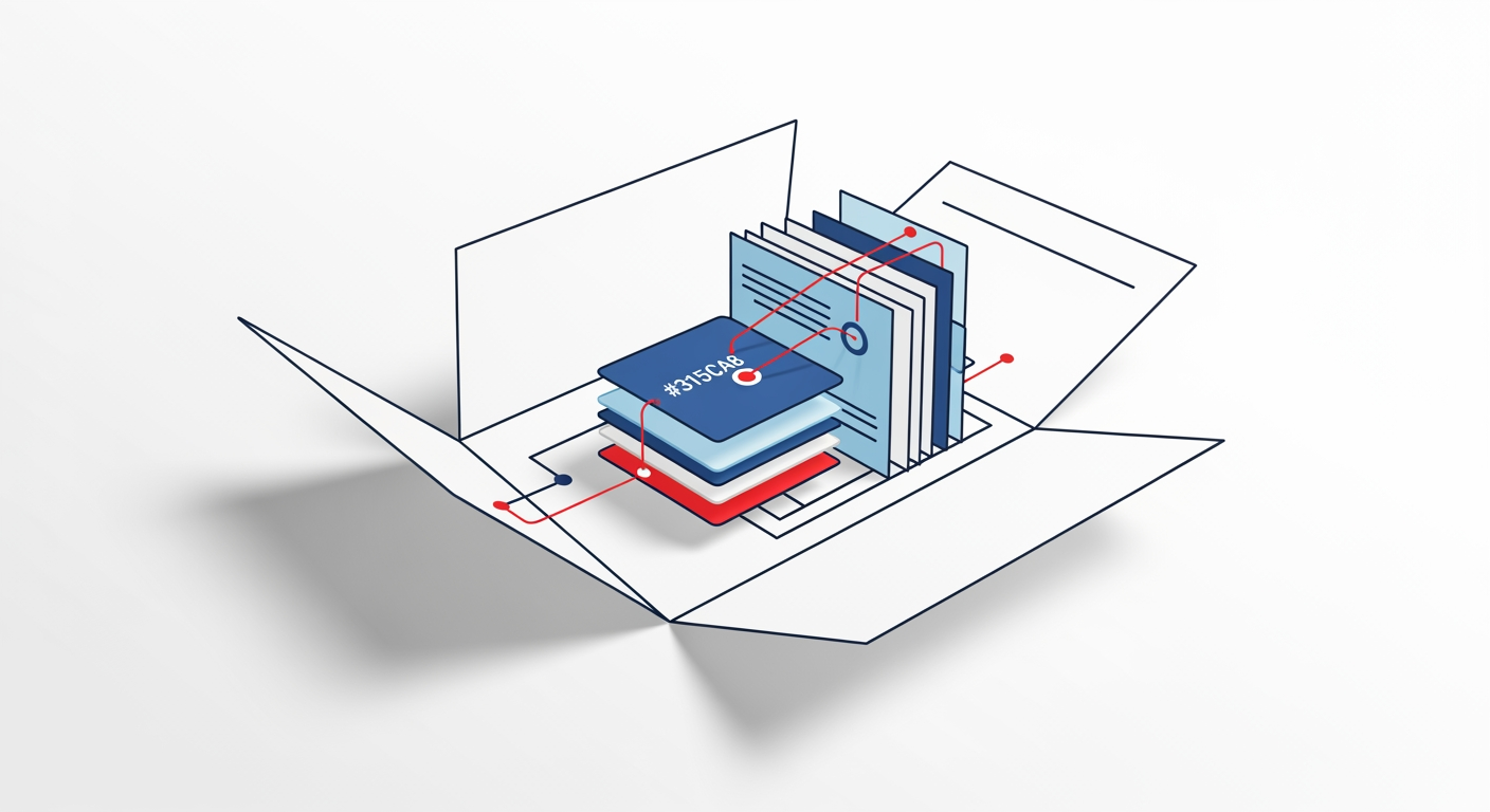 Abstrakte redaktionelle Illustration eines geöffneten digitalen Lernpakets auf hellem Hintergrund, das sich in blaue und rote modulare Schichten, Karten und Verbindungslinien für semantische Aufgaben, Komponenten und optionale Tutor-Anbindungen auflöst.