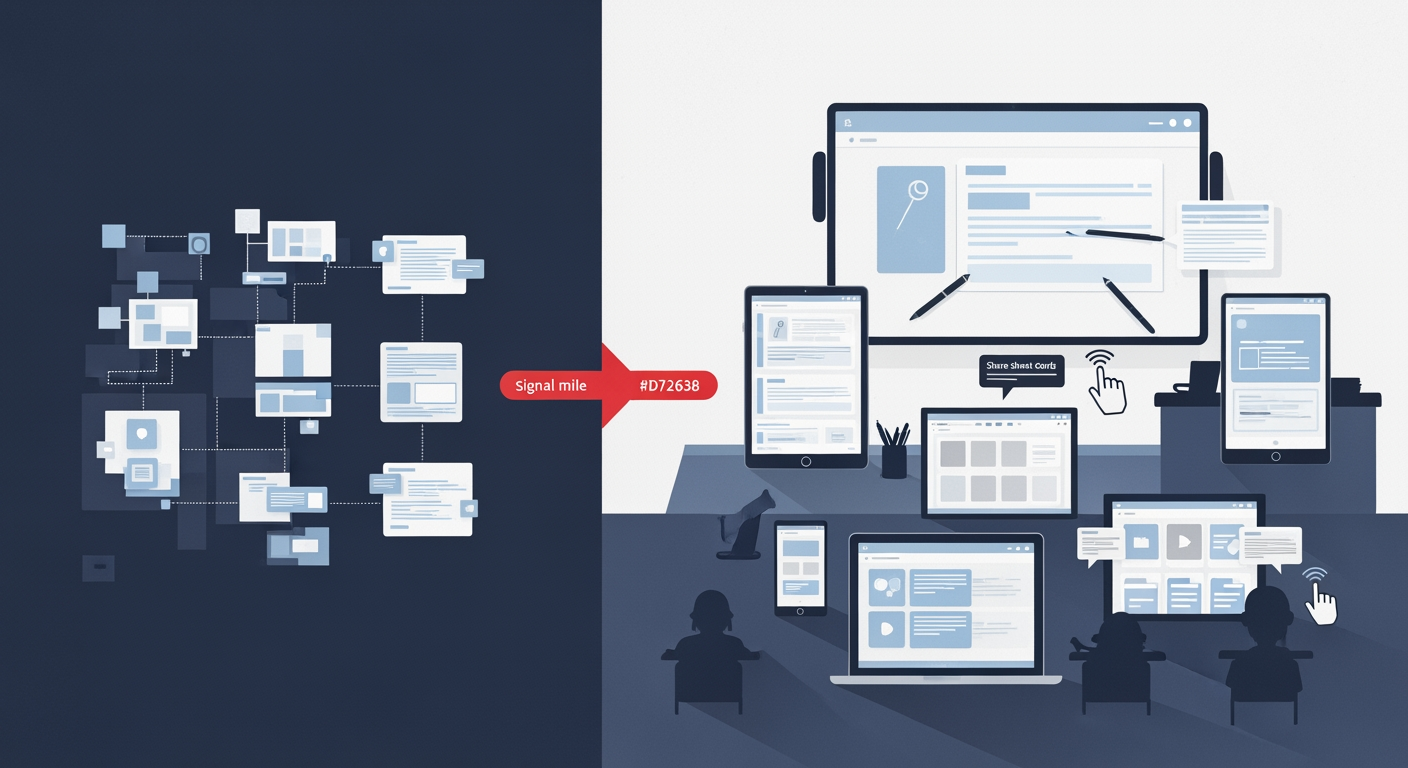 Abstrakte Infografik zur technischen letzten Meile digitaler Bildungsmedien: Plattformdienste verbinden sich über eine rote Übergangsachse mit persönlichen Geräten, Datei-Karten, Stift- und Touch-Interaktion sowie einer digitalen Tafel im Klassenraum.