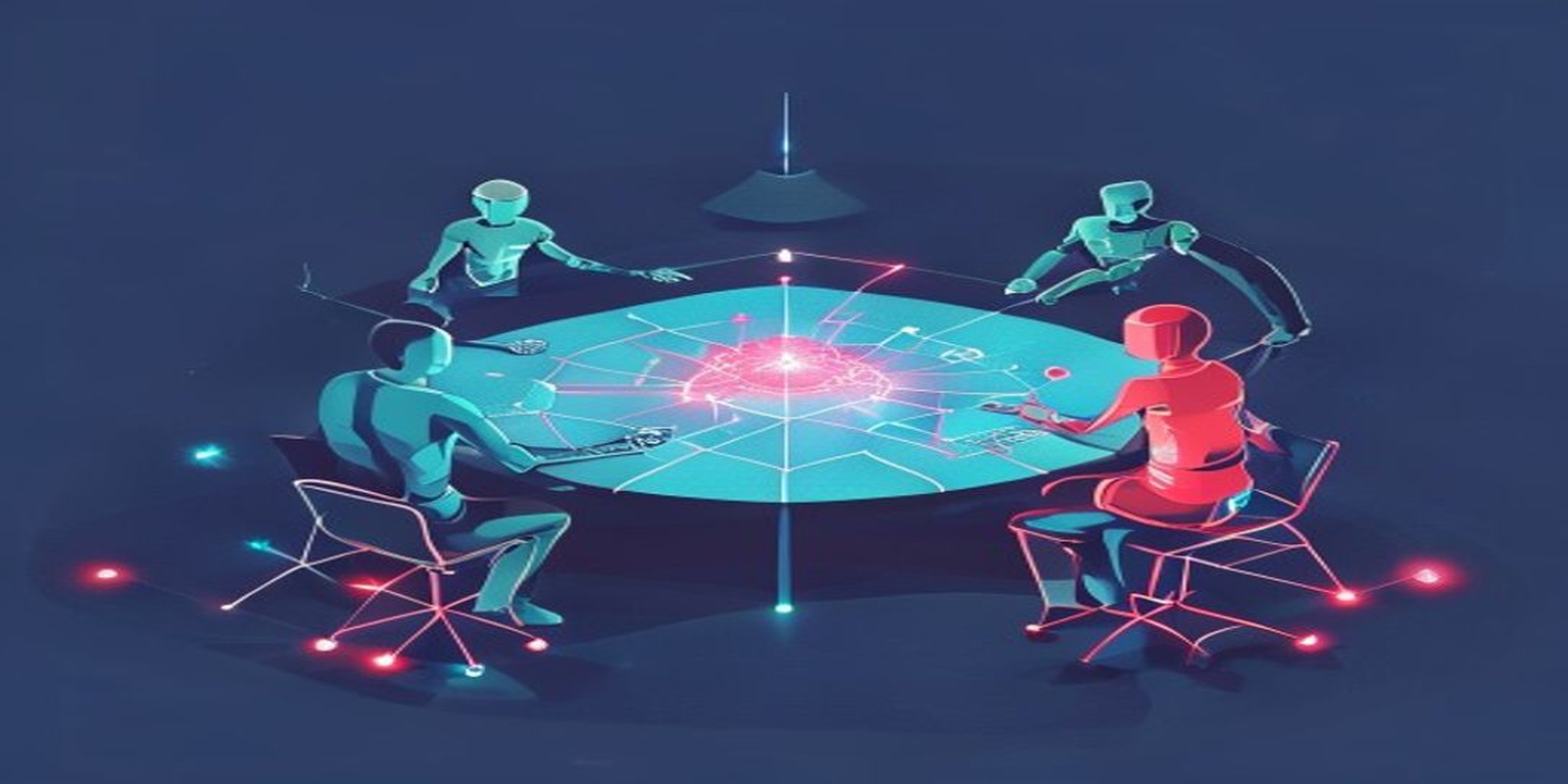 Menschen und humanoide KI-Agenten sitzen gemeinsam an einem runden Tisch um eine leuchtende, vernetzte Wissenslandschaft und arbeiten gemeinsam daran.