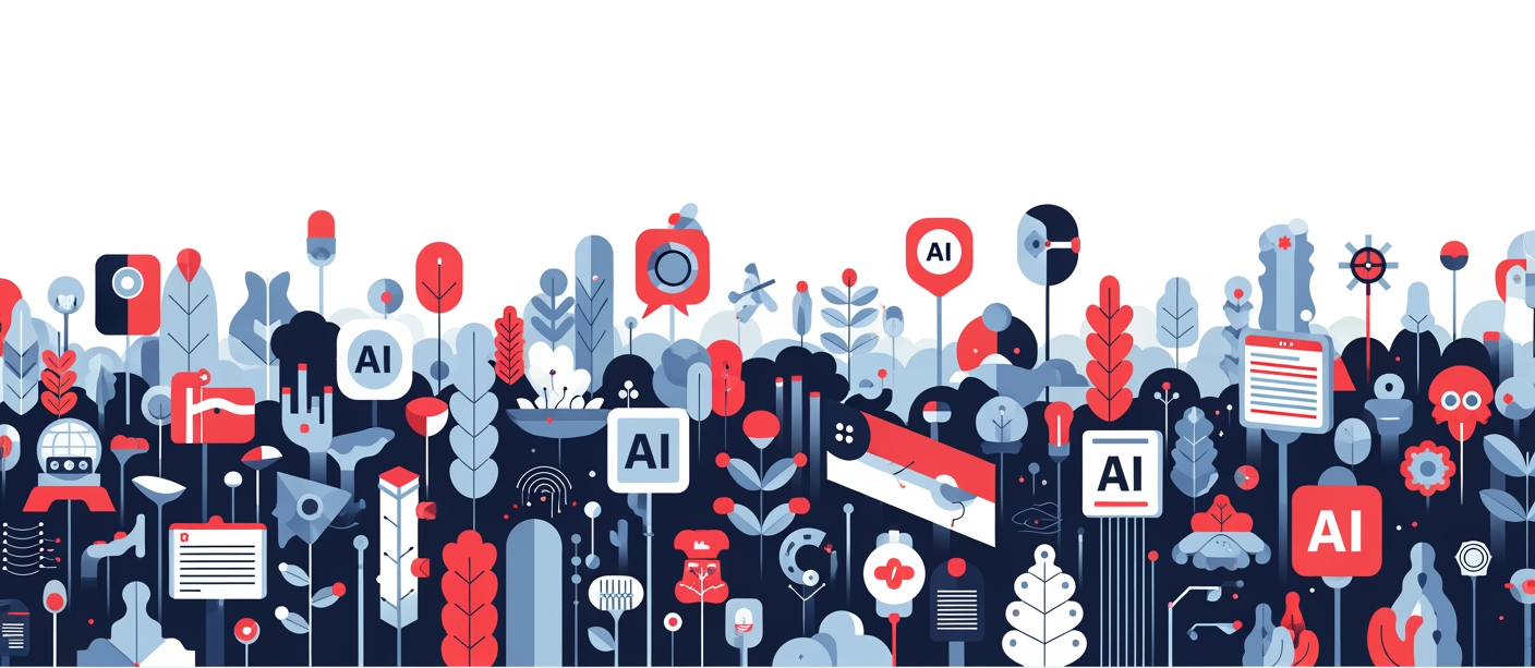 Abstrakte Editorial-Illustration eines Modell-Dschungels aus unterschiedlichen KI-Komponenten; ein zentraler Routing-Knoten verbindet eine Anfrage mit passenden Bearbeitungswegen.