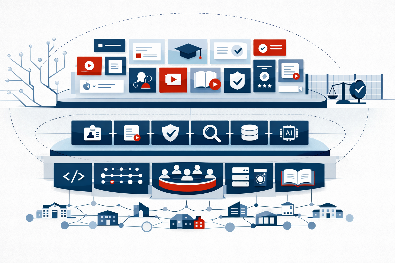 Abstrakte Infografik einer offenen Bildungsinfrastruktur als föderales Betriebssystem: vielfältige Bildungsanwendungen setzen auf gemeinsame Systemdienste, Standards, Governance und nachnutzbare öffentliche Grundlagen.