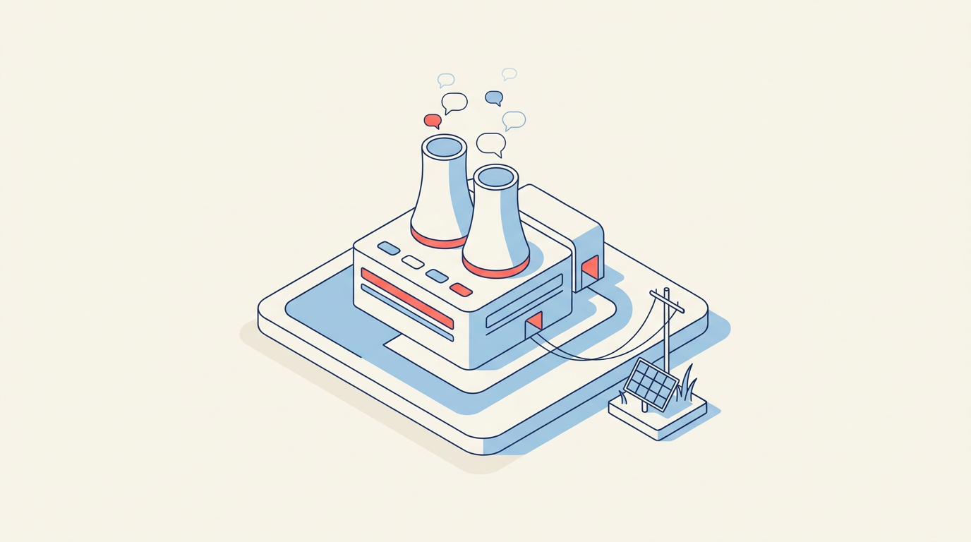 Abstrakte Editorial-Illustration eines Rechenzentrums, aus dessen Kühltürmen Chat-Sprechblasen statt Dampf aufsteigen; im Vordergrund verbindet eine Stromleitung das Rechenzentrum mit einer kleinen Solaranlage.